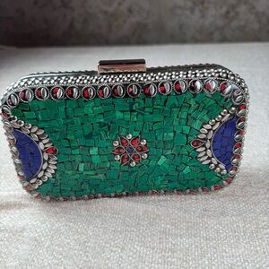 Ramla Mosaic Tile Clutch with Green and‎ Blue Accents, will fit an iPhone ProMax